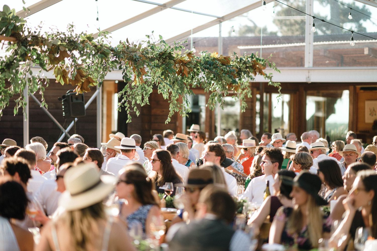 Wedding guests gather under a clear tent decorated with greenery during an outdoor celebration.