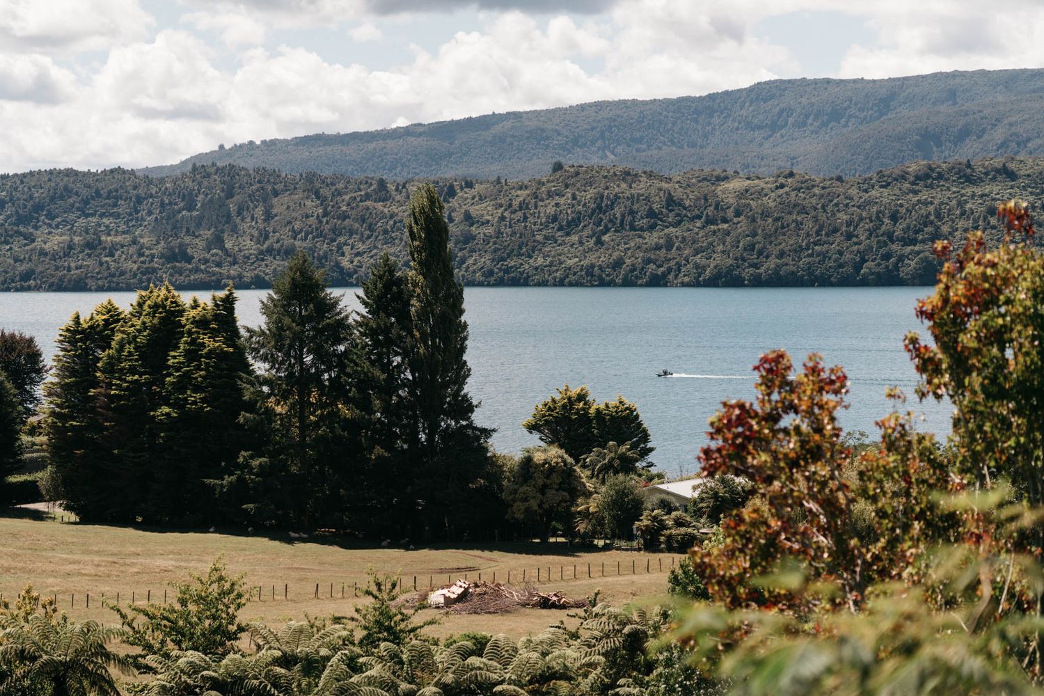 Scenic lake view with autumn trees and rolling hills in the background against a cloudy sky.