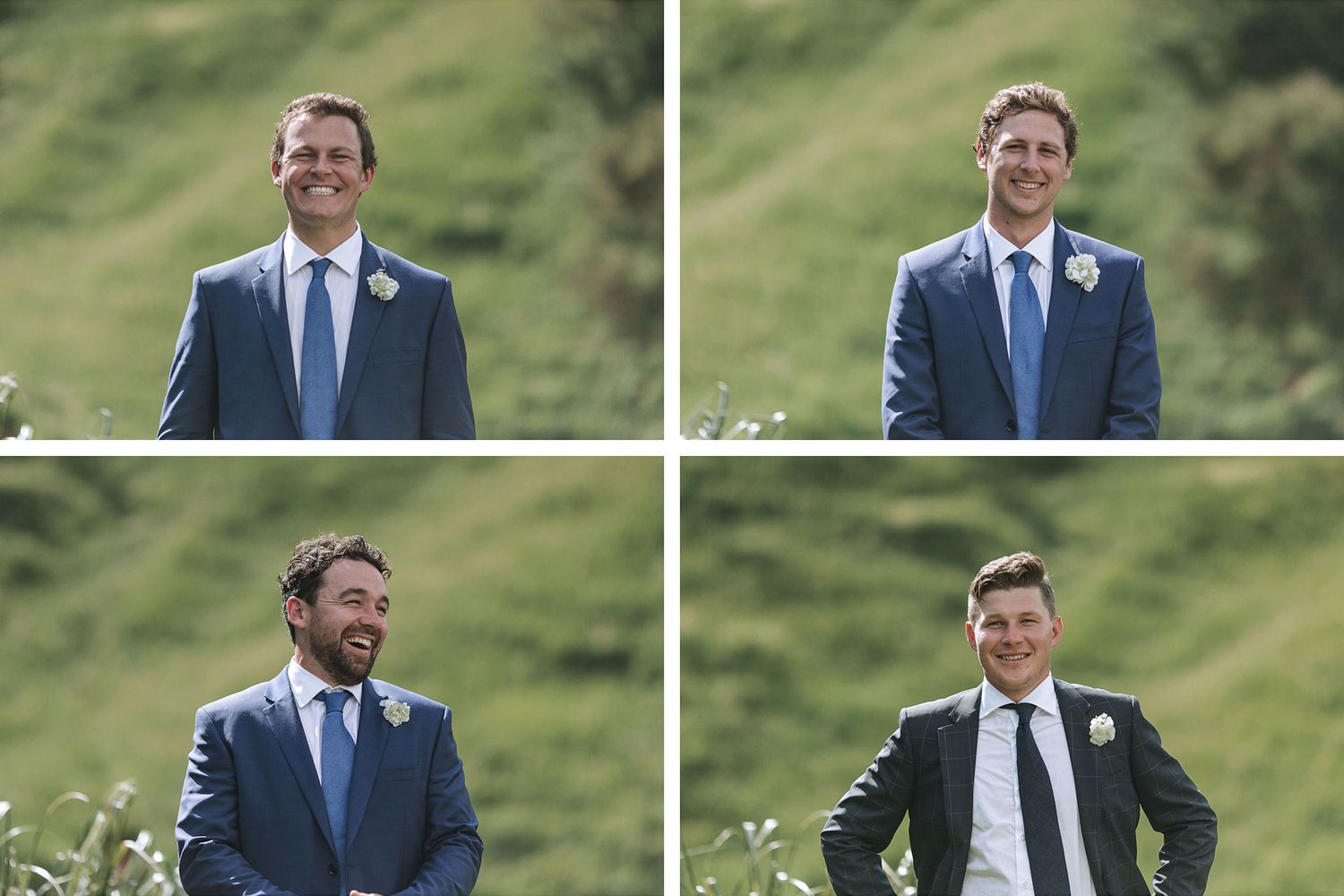 Four close-up portraits of someone in a navy suit with boutonniere against a green outdoor background.