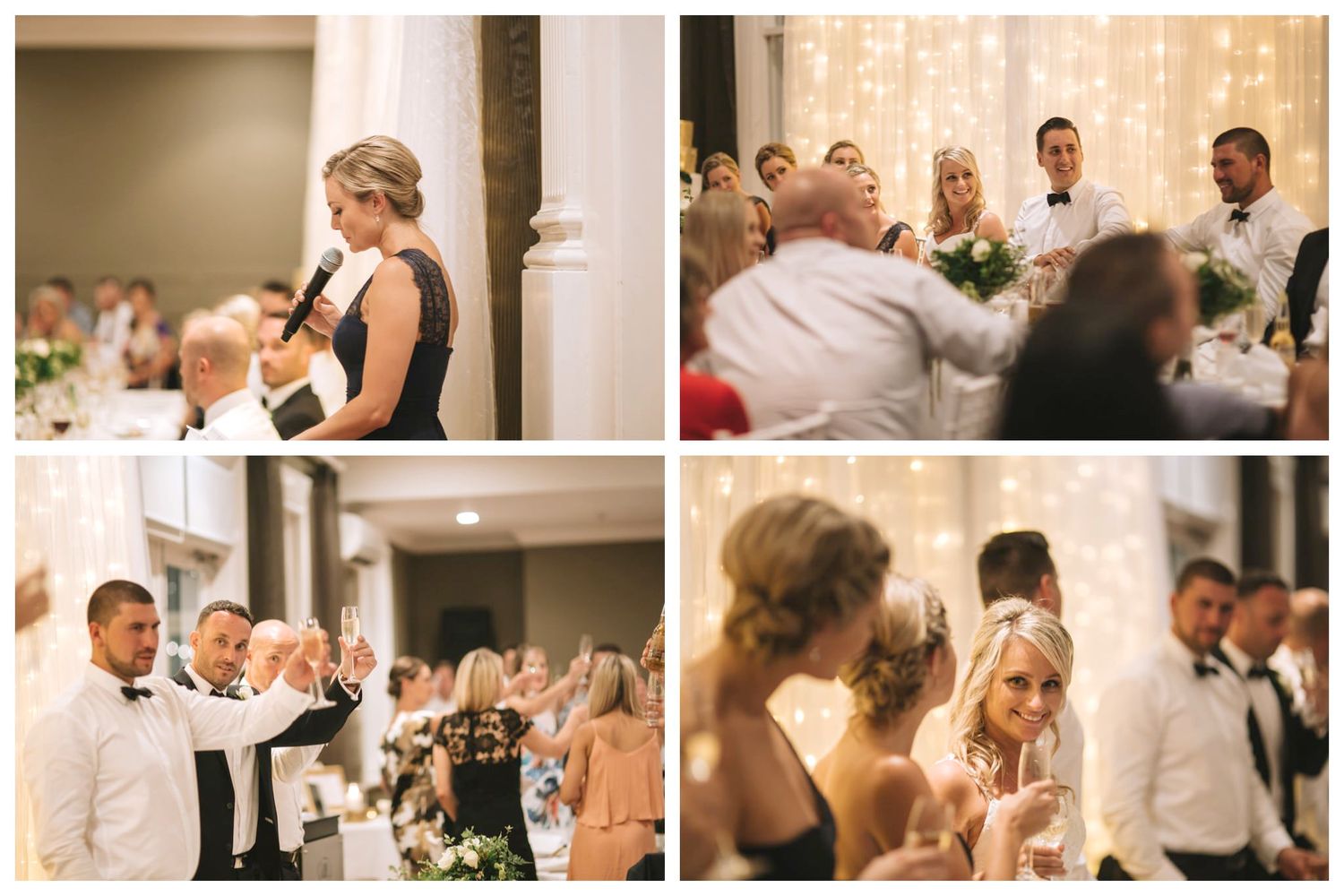 A heartfelt wedding reception celebration showing guests and wedding party interacting during emotional toasts and speeches.