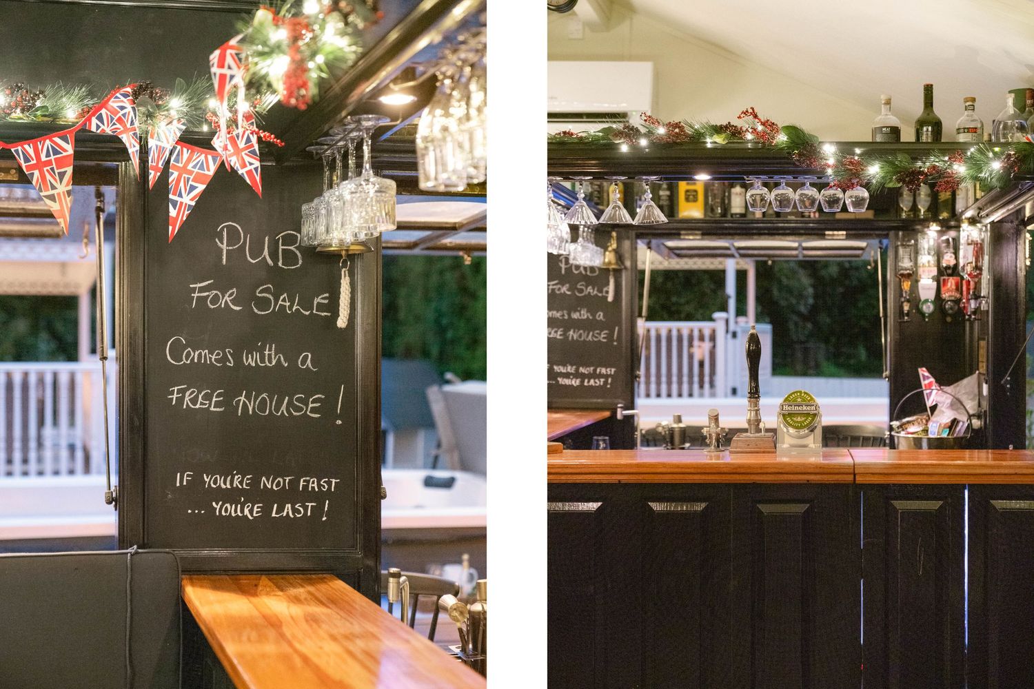 Rustic bar interior with chalkboard menu and wooden counter displaying pub style decor.