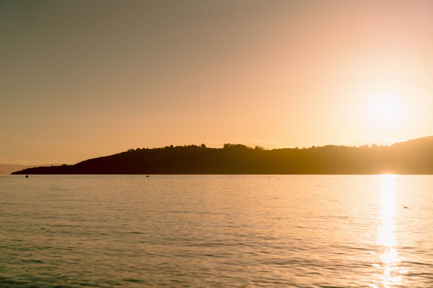 Scenic sunset silhouette of coastal hillside over calm ocean waters.