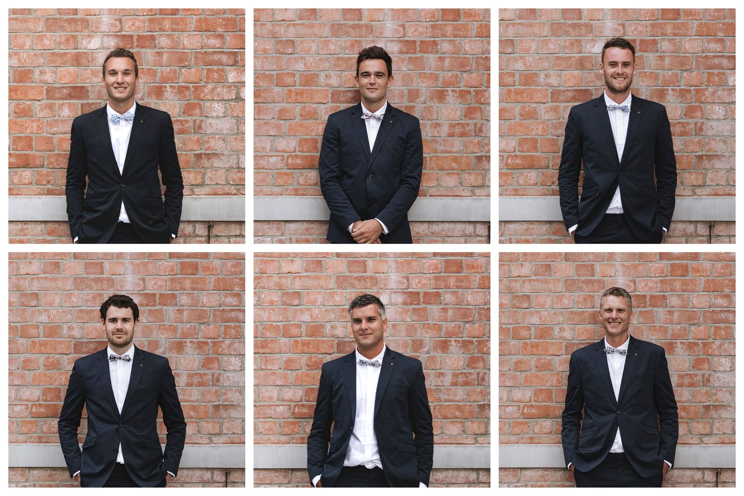 A portrait photo series of someone wearing a dark suit and white dress shirt against a rustic brick wall background.