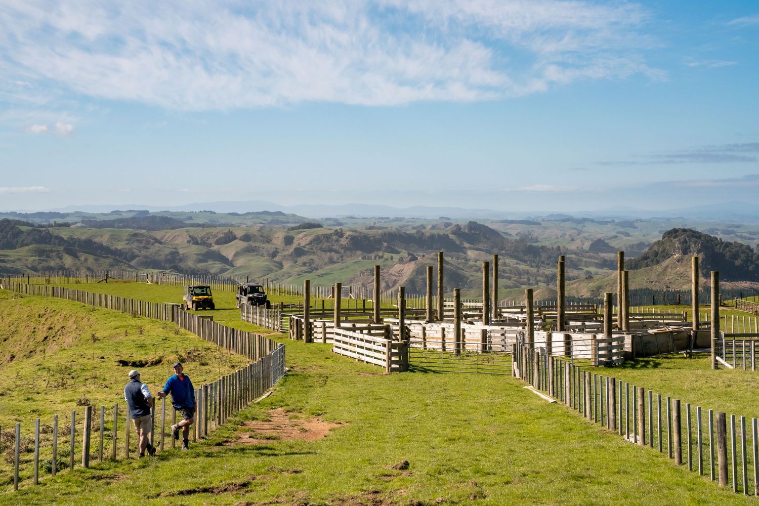 Two people stand at a fence overlooking rolling green hills and farmland on a sunny day in New Zealand.