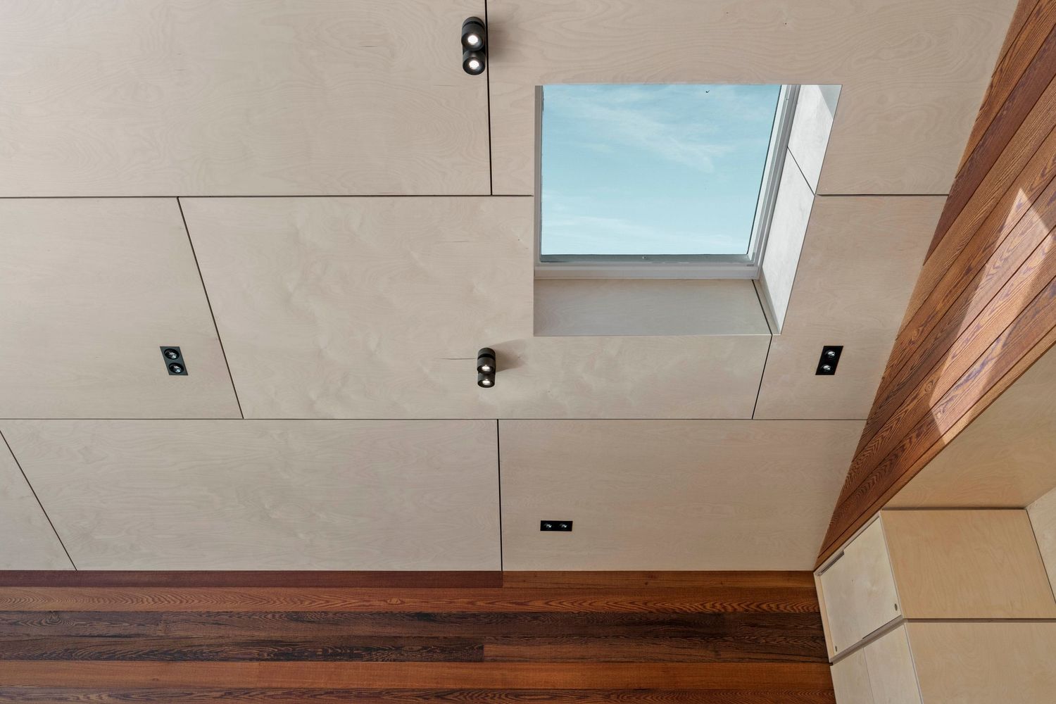 Modern ceiling design featuring recessed panels, a skylight window, and contrasting wood trim details.