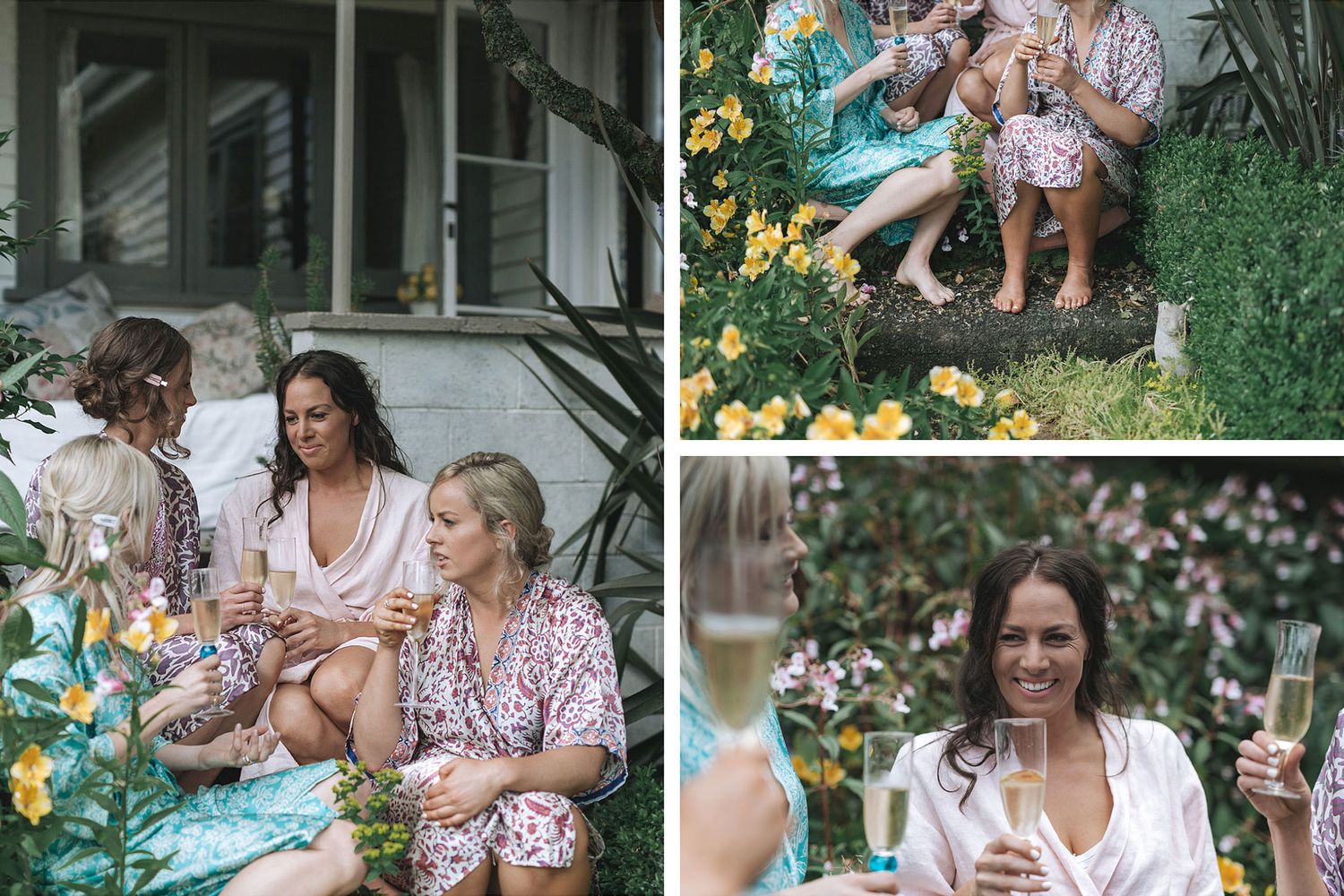 A garden picnic scene with floral decor, wine glasses and casual outdoor dining on a summer afternoon.