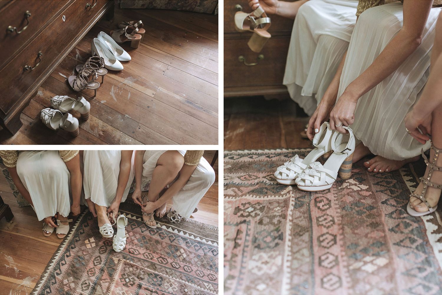Multiple pairs of elegant wedding shoes arranged on hardwood floor and vintage carpet.