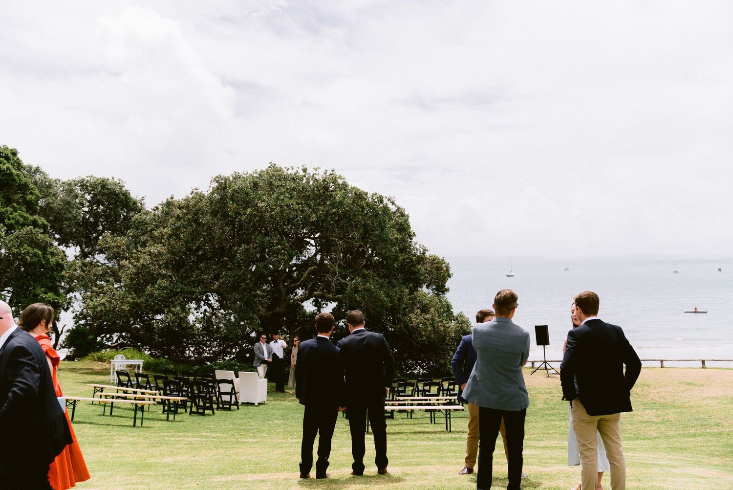 Small group of wedding guests gathered on a lawn with ocean view and large tree.