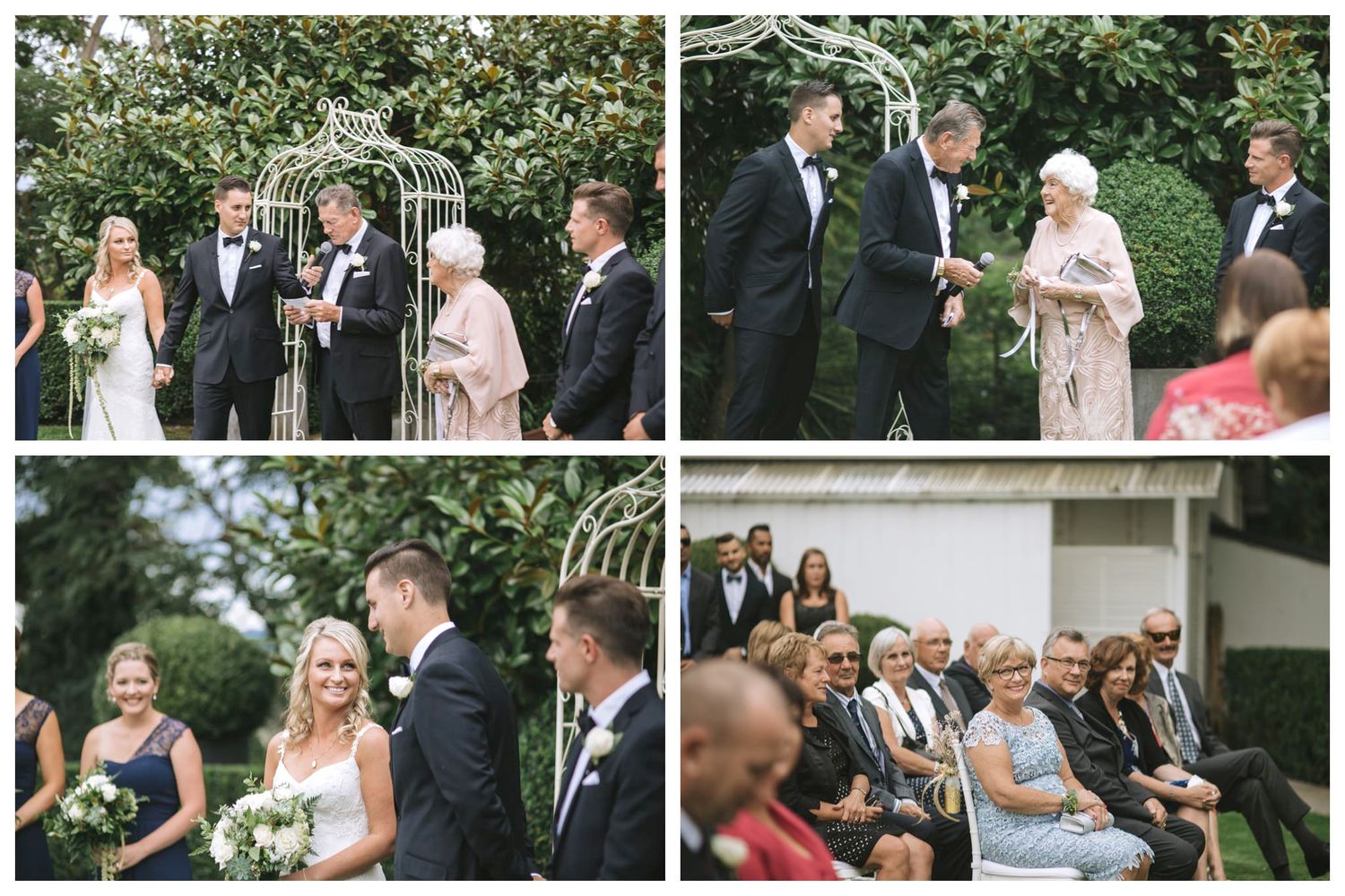 Wedding party members celebrate during an elegant outdoor garden ceremony in formal attire.