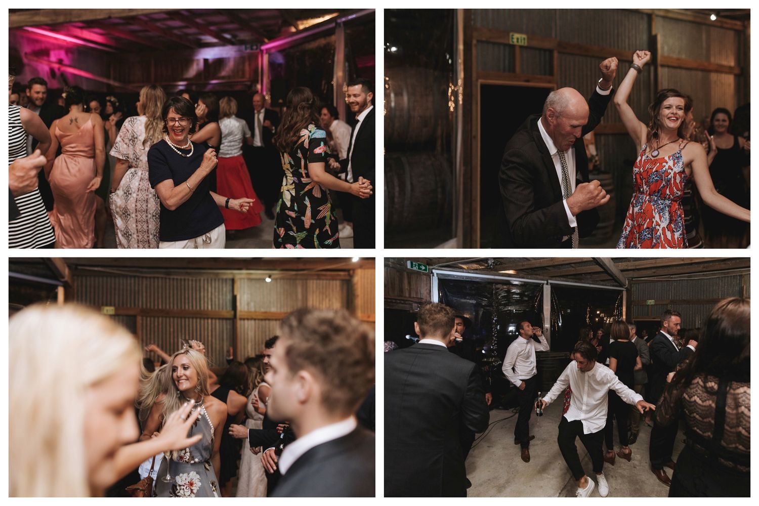 Wedding guests dance and celebrate on a dimly lit party floor with energetic movement and smiling expressions.