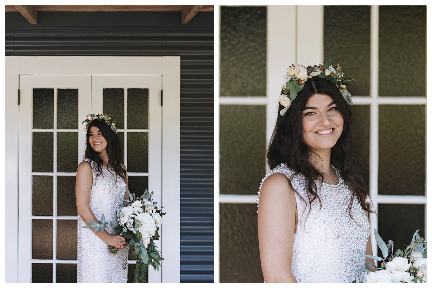 Beautiful bride in a white lace dress holds bouquet next to antique white door, wearing floral crown.