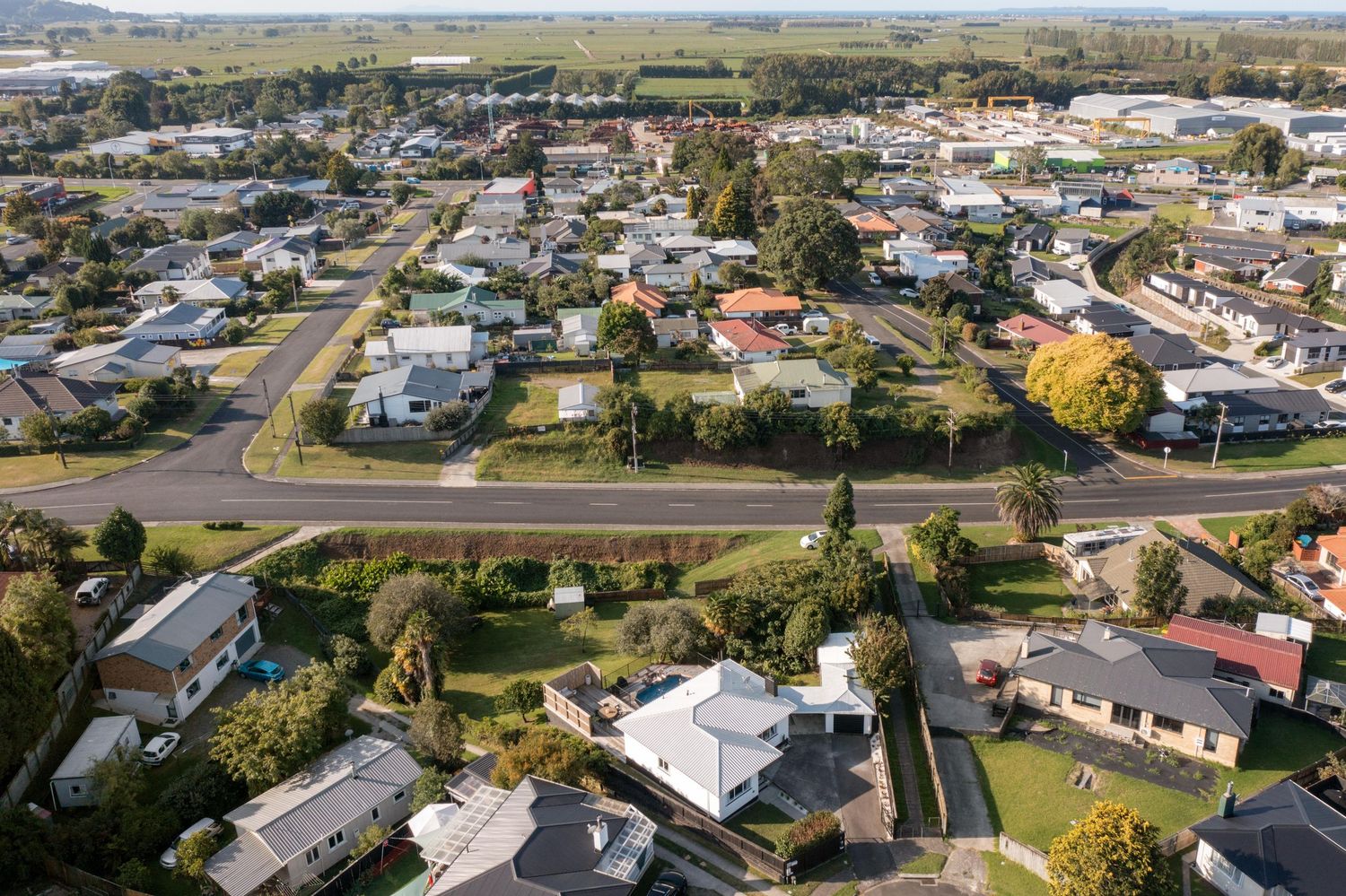 Aerial view of suburban neighborhood with houses and winding streets on sunny day.