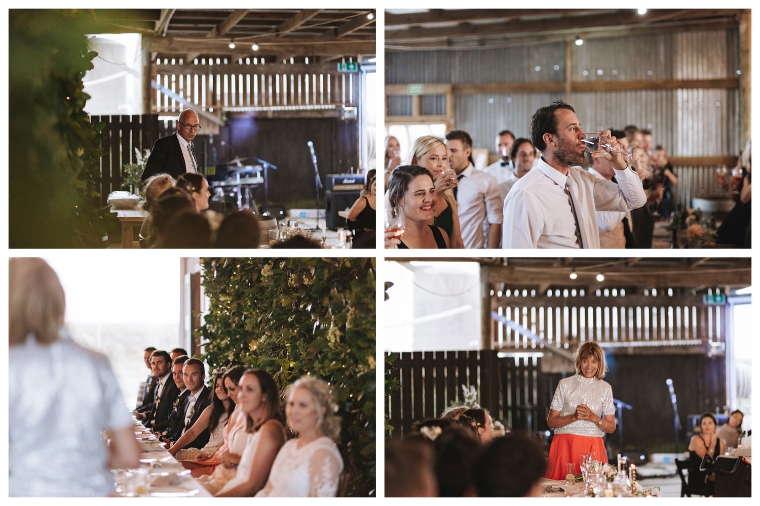 Wedding guests gather at a rustic barn venue for a casual outdoor celebration during daytime festivities.