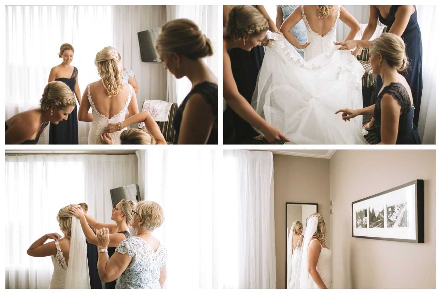 Bride getting ready on wedding day with bridesmaids helping with dress and preparations in natural light room.