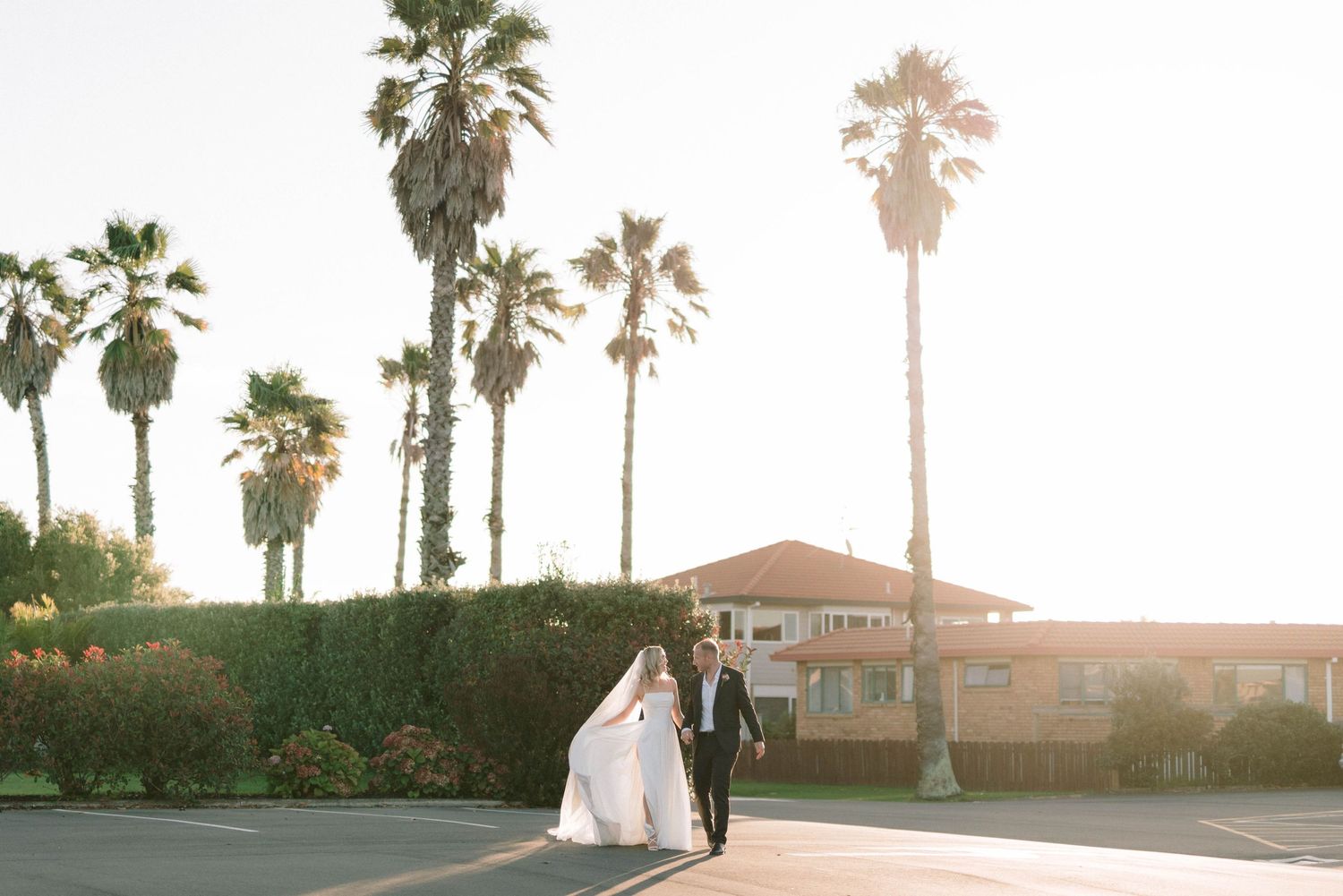 Palm trees line a sunset wedding venue with golden hour lighting.