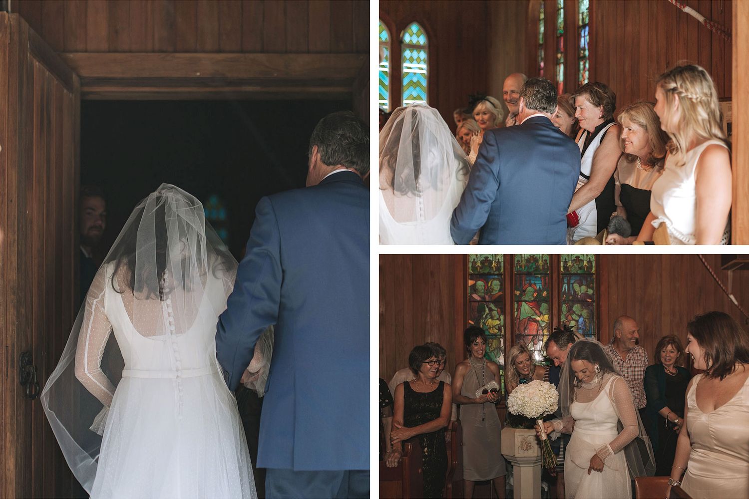 Wedding party entering a rustic wooden church with guests looking on during a traditional ceremony.