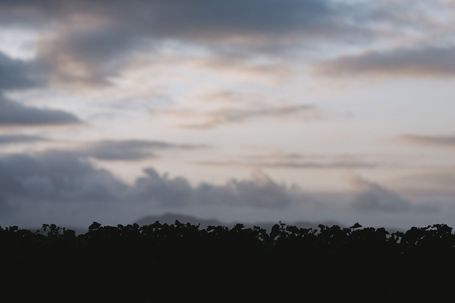 Dramatic moody sky at dusk with layers of dark clouds stretching across the horizon during sunset.