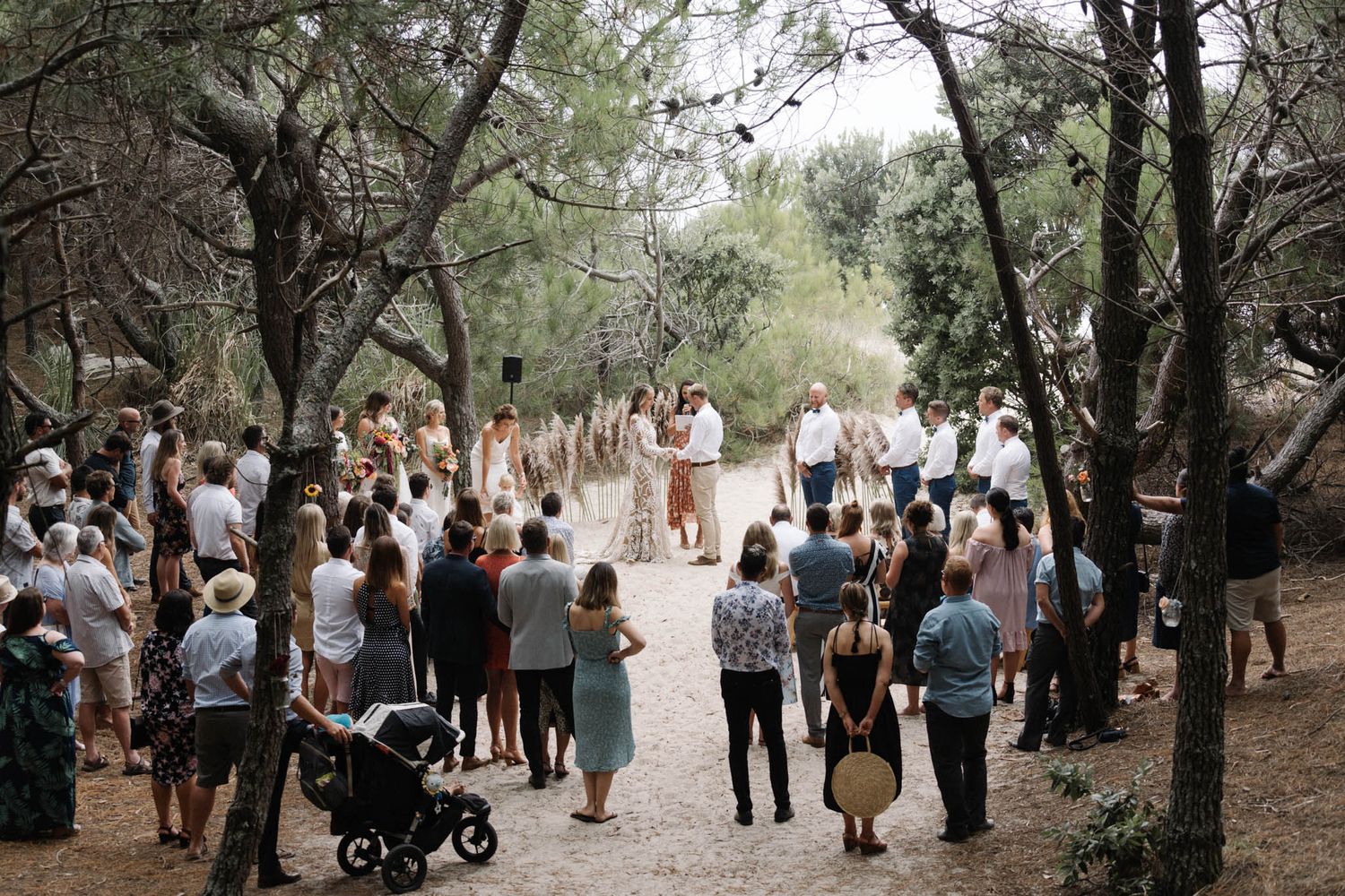 Guests gathering on a wooded path for an outdoor wedding celebration in a natural forest setting.