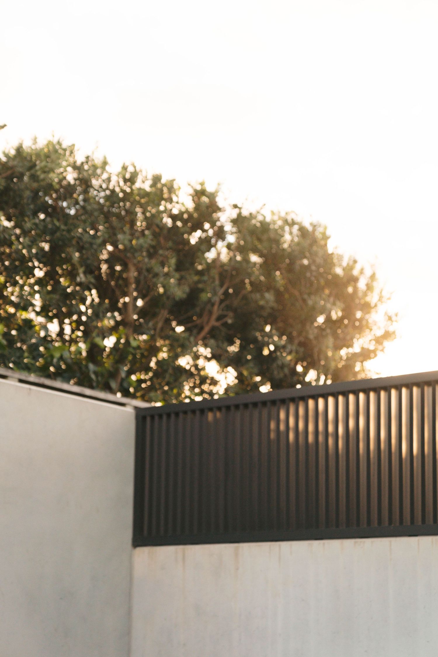 Modern white wall with black metal fence panels on top against a sunset sky with trees in background.