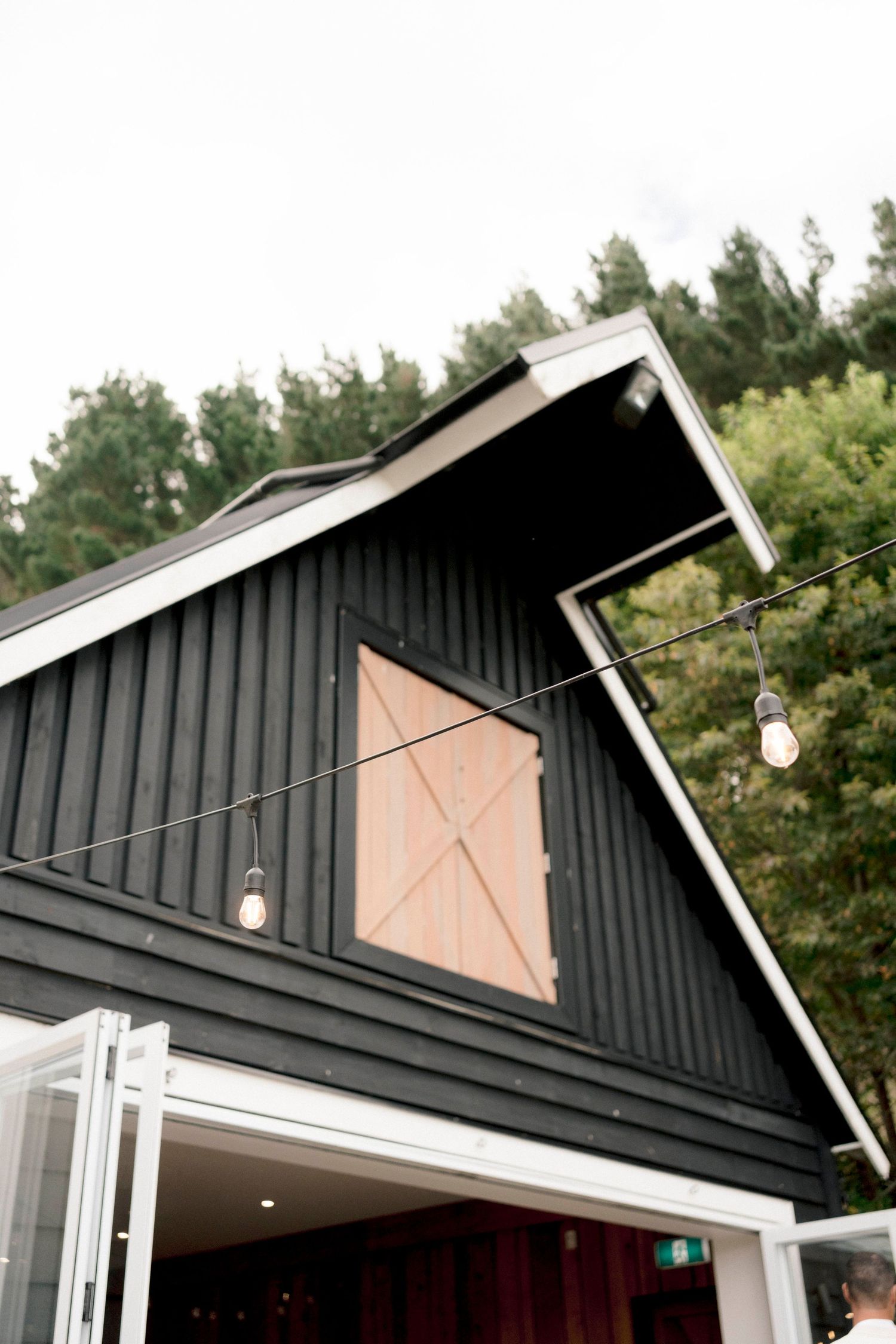 Modern black barn-style building with pendant lights and a peach-colored accent door surrounded by green trees.