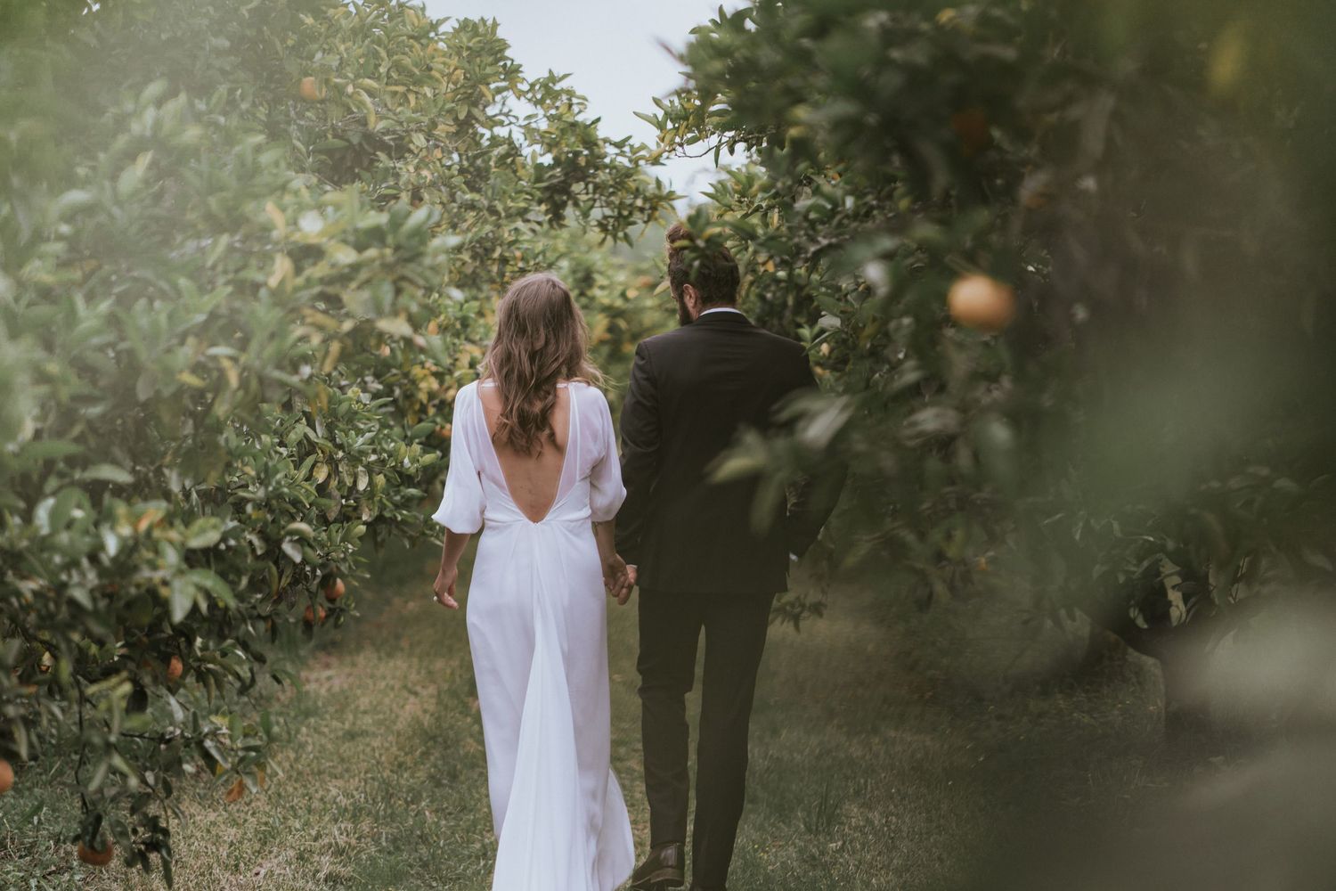 A couple in wedding attire walks through a sunlit orchard together during golden hour.