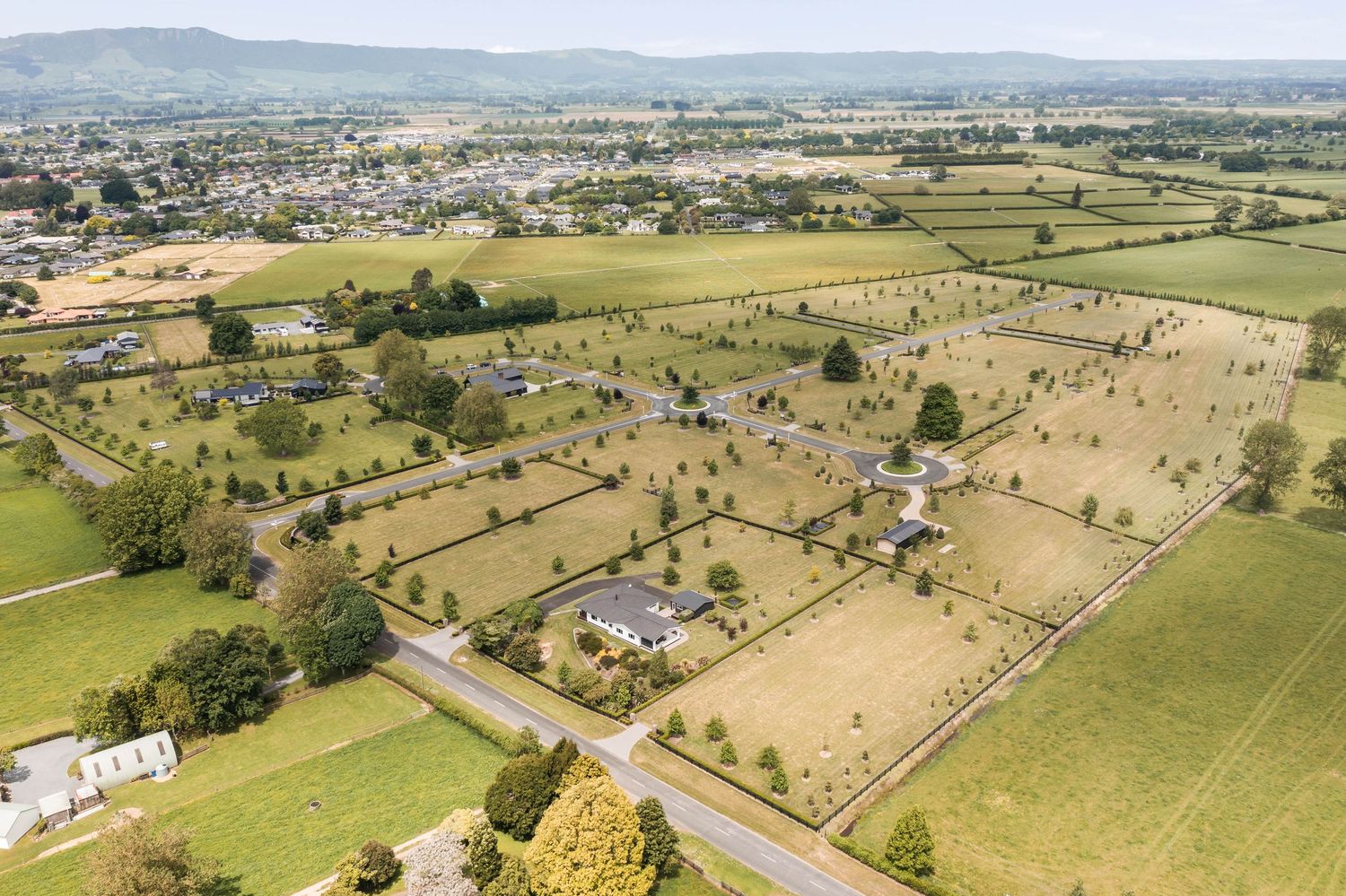 Aerial view of rural residential development with scattered houses and farm plots.