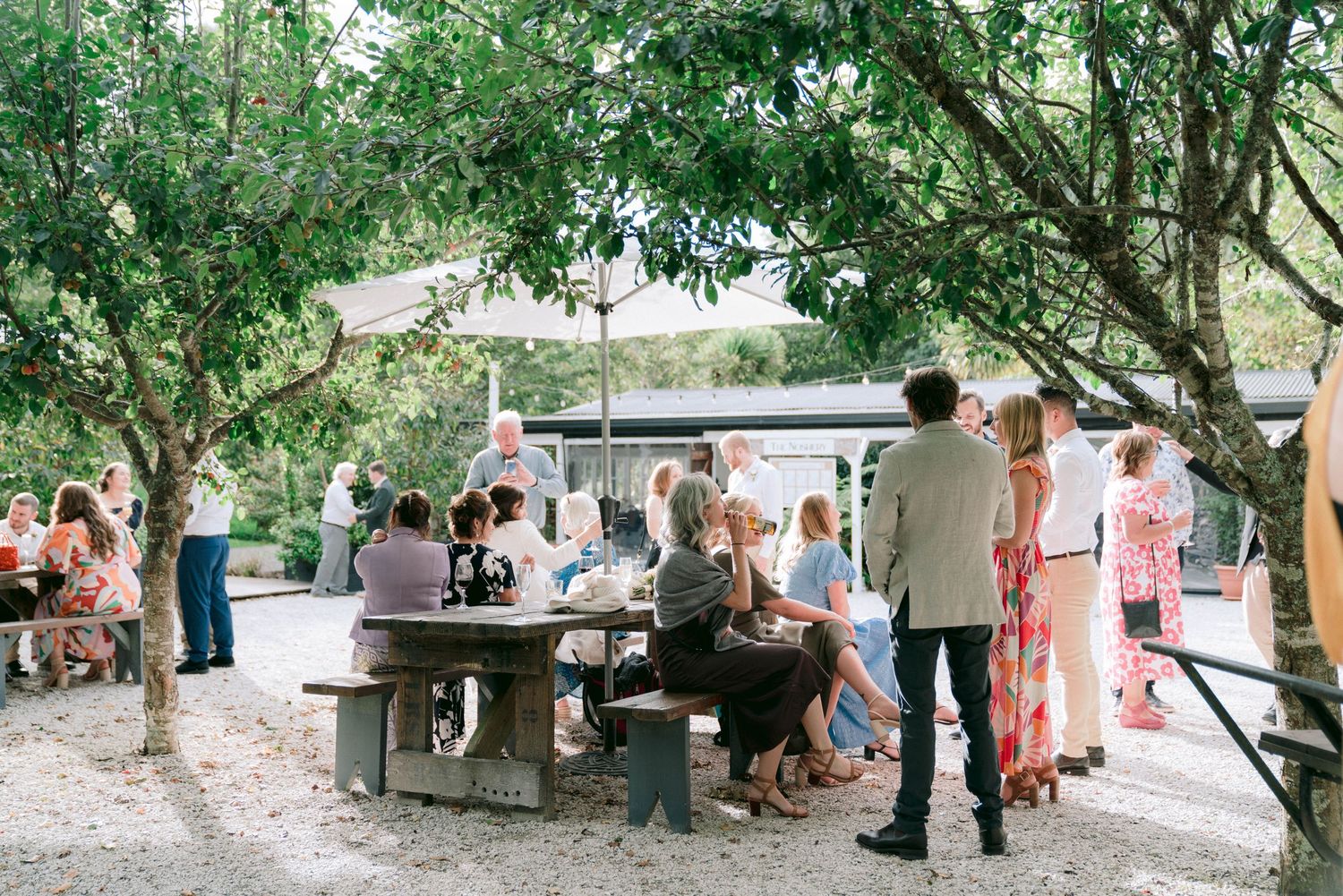 Outdoor wedding reception with guests mingling under tree canopy near picnic tables.