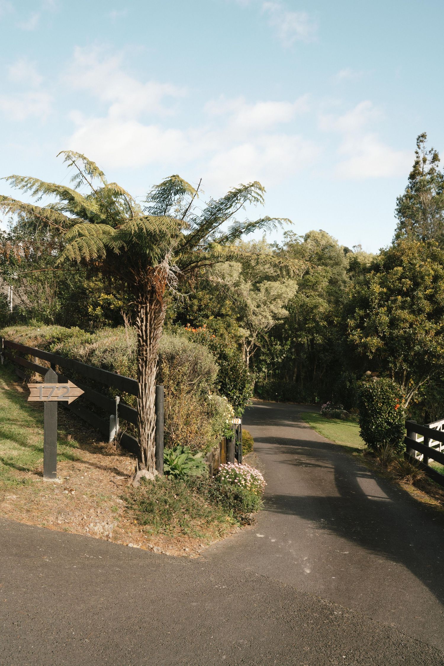 A winding garden path with a wooden signpost surrounded by palm trees and lush greenery.