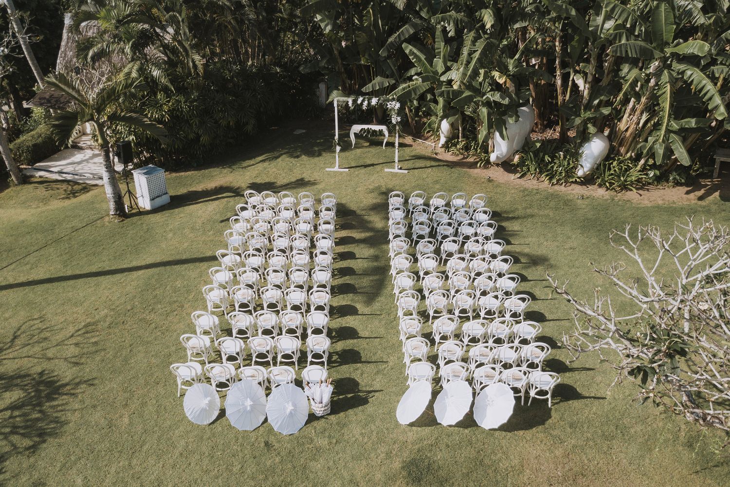 Outdoor wedding ceremony setup with rows of white chairs on a lawn surrounded by tropical plants.