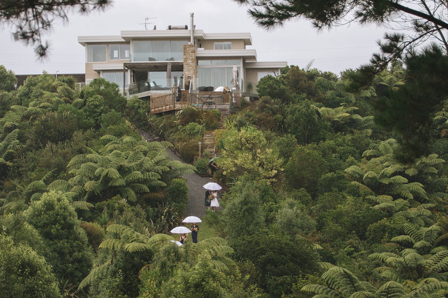 Modern hillside house perched above winding path with parked cars amid lush green forest vegetation.