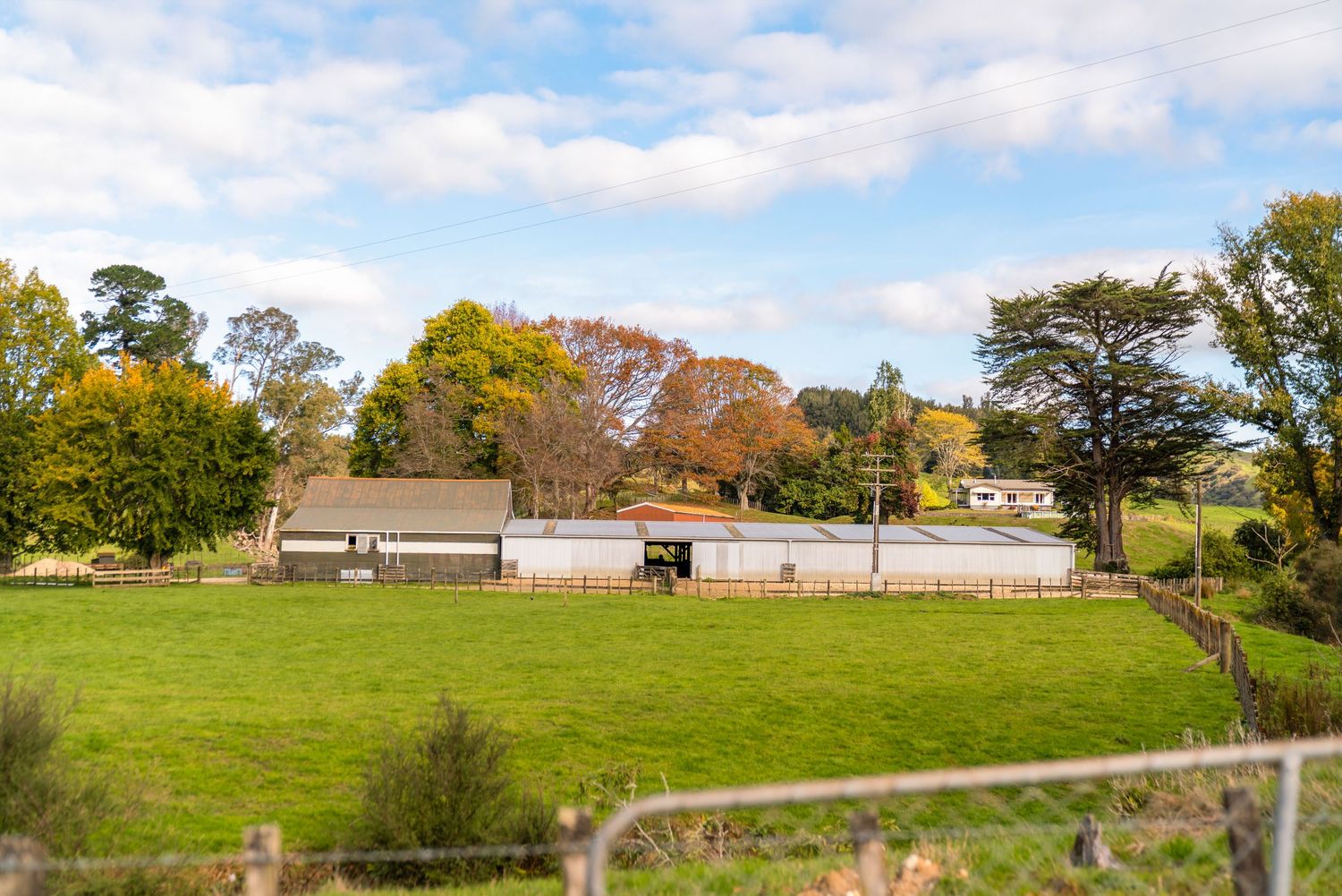 Modern farm buildings and equipment yard surrounded by autumn trees on rolling grassland.