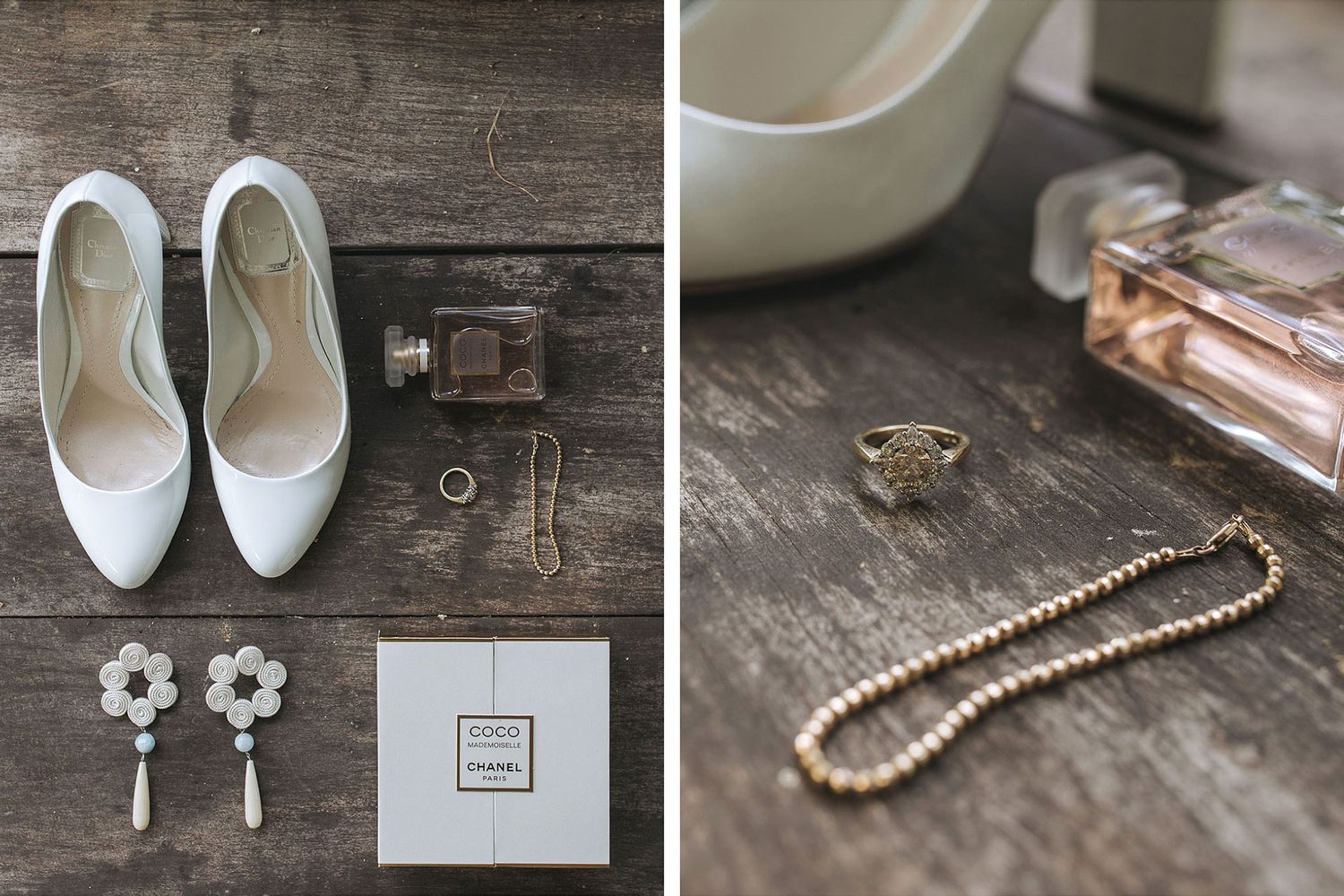 An elegant arrangement of vintage bridal accessories including pearls, earrings, shoes, and rings on rustic wooden surfaces.