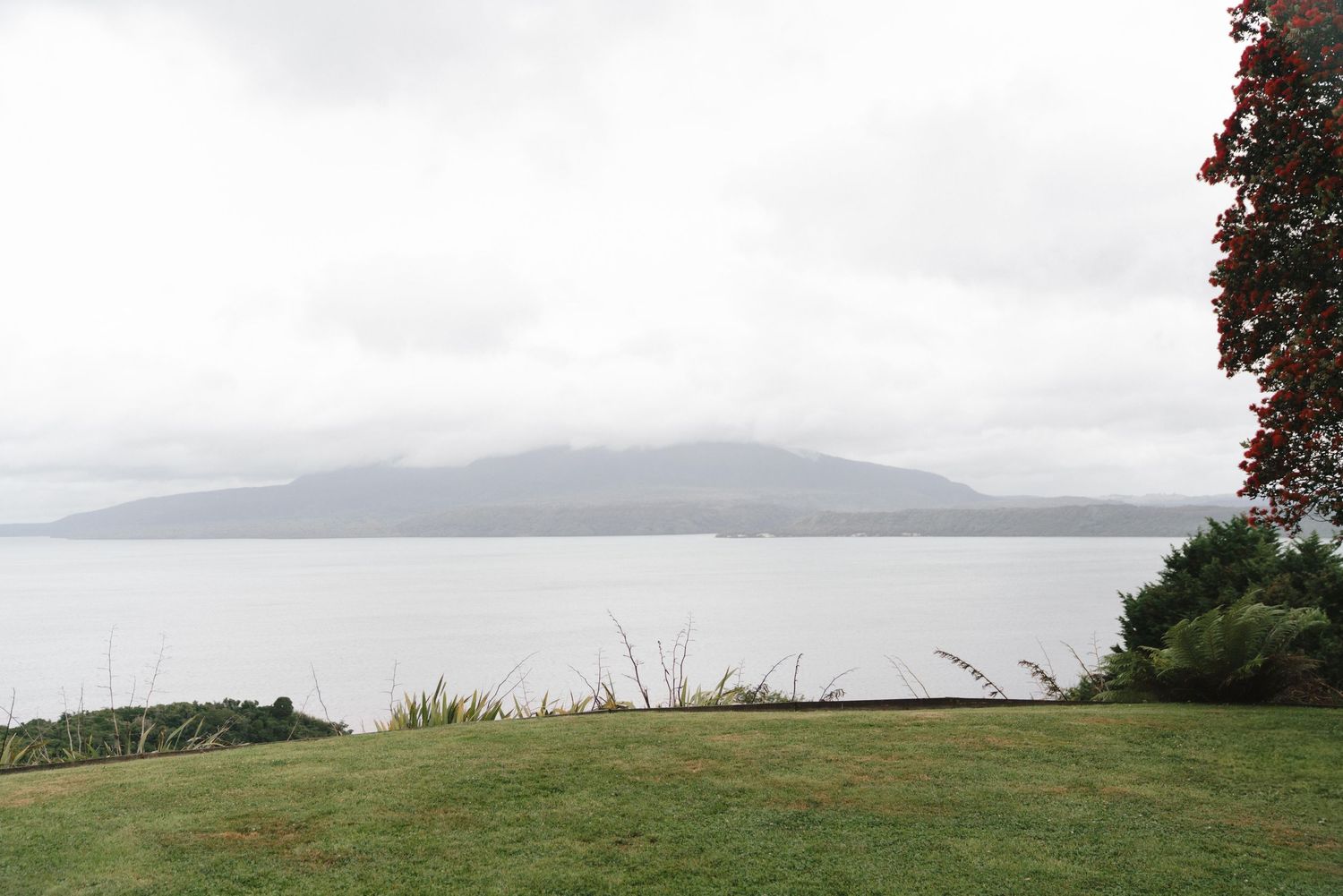 A misty view across a lake or bay with green grass in the foreground and mountains silhouetted in the distance.
