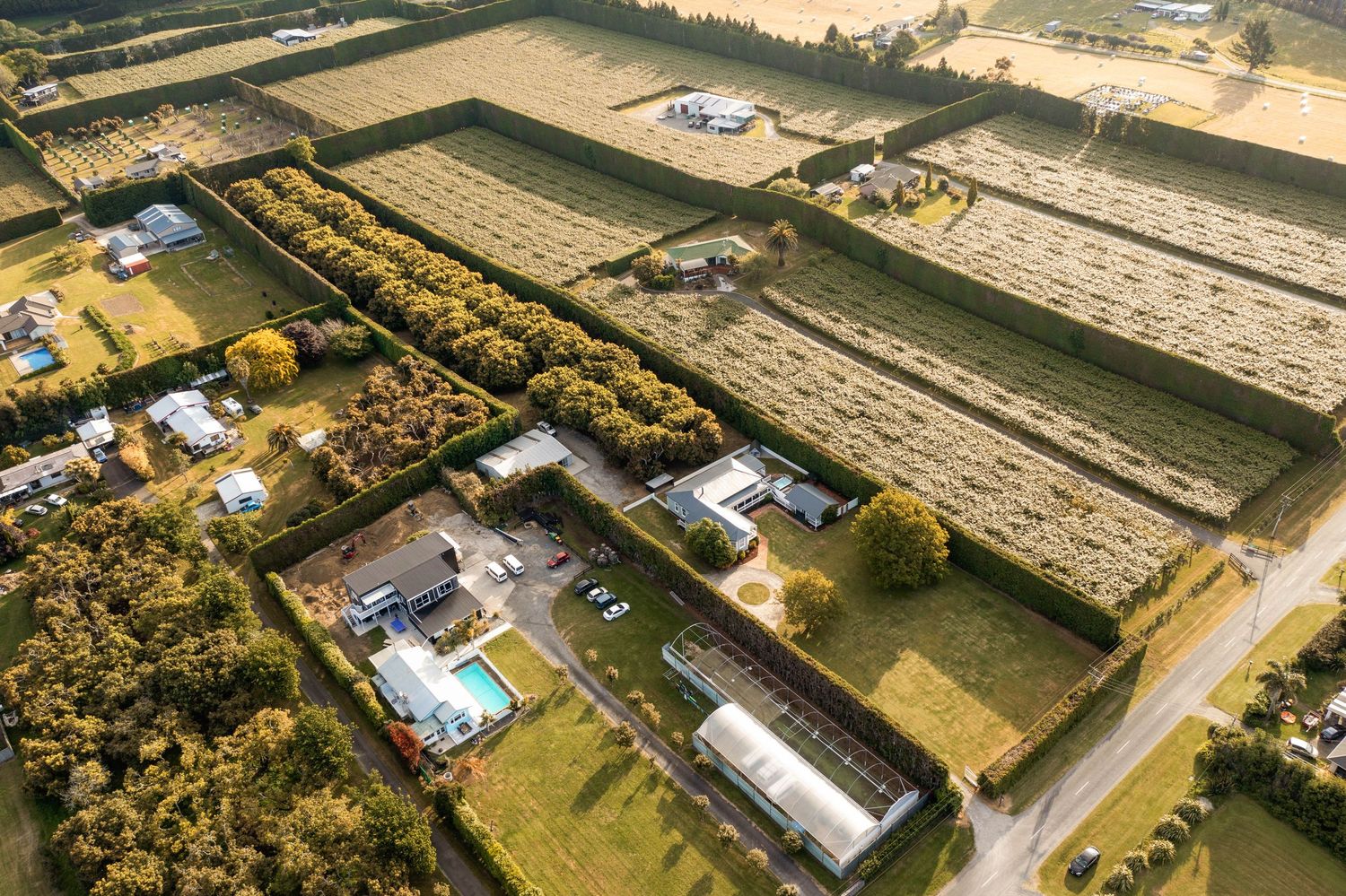 Aerial view of a rural property with swimming pool surrounded by agricultural fields and nursery plots.