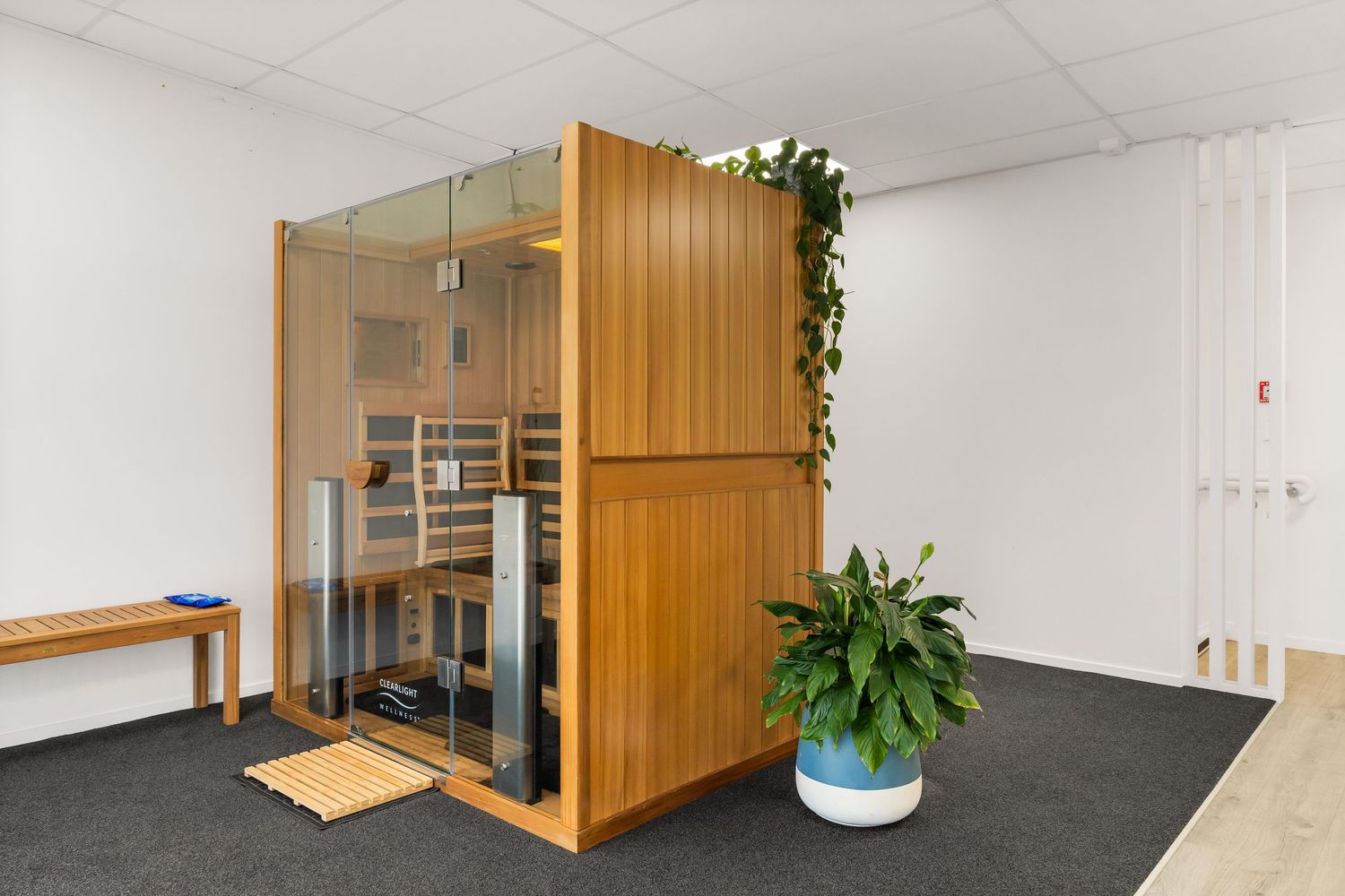 Office space with wooden sauna or meeting pod, plants, and white walls in an open floor plan setting.