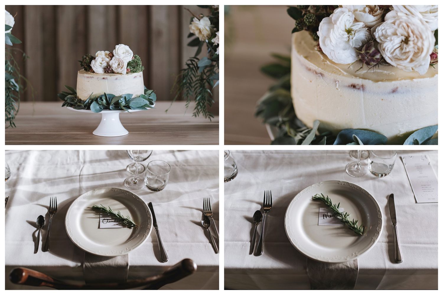 Elegant wedding reception table settings and cake decorated with white roses and greenery on display.