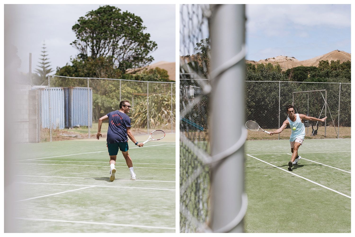 Two people play tennis on separate courts viewed through chain link fencing in an outdoor setting.