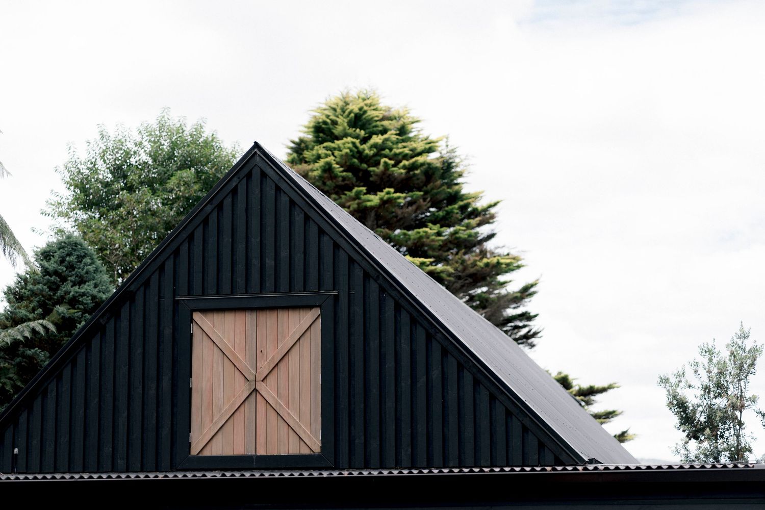 A black barn with wooden door features modern vertical siding and sharp triangular roofline against cloudy sky and trees.