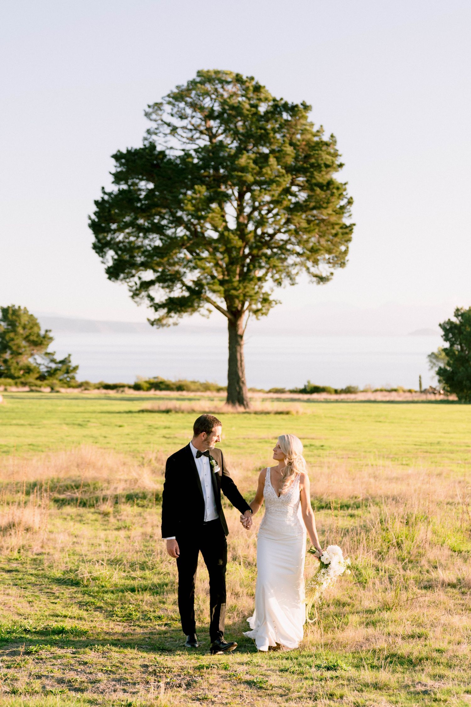 A couple walking together on a grassy hill with a large solitary tree in the background during golden hour.