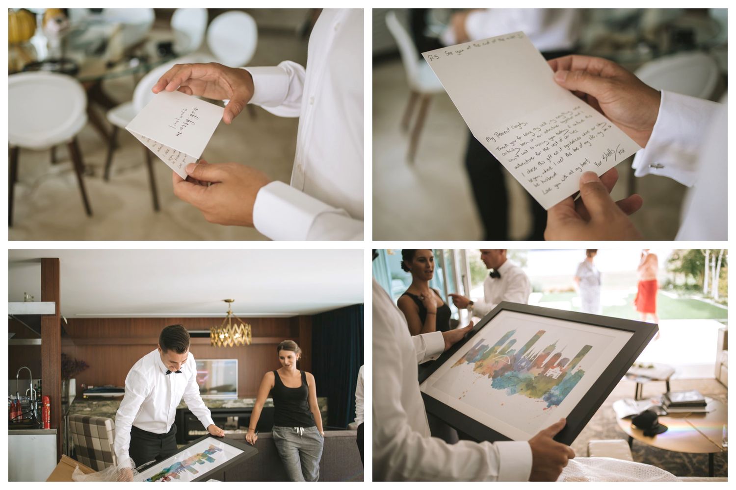 A business meeting collage showing hands holding notes and colleagues reviewing documents and digital presentations.