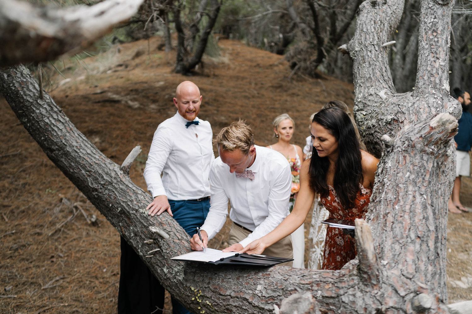 A group gathered around a table among twisted tree branches at an outdoor event.