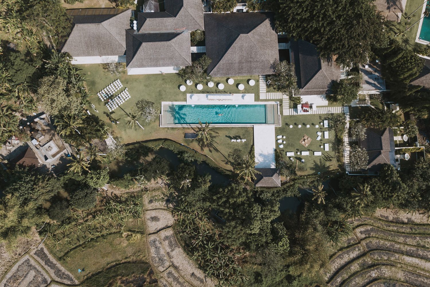 Aerial view of a modern rectangular swimming pool with sun loungers and landscaped garden surrounded by trees.