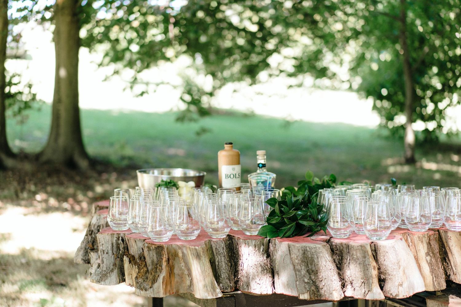 Wedding reception drink station setup with glassware on tree stump tables in shaded outdoor setting.