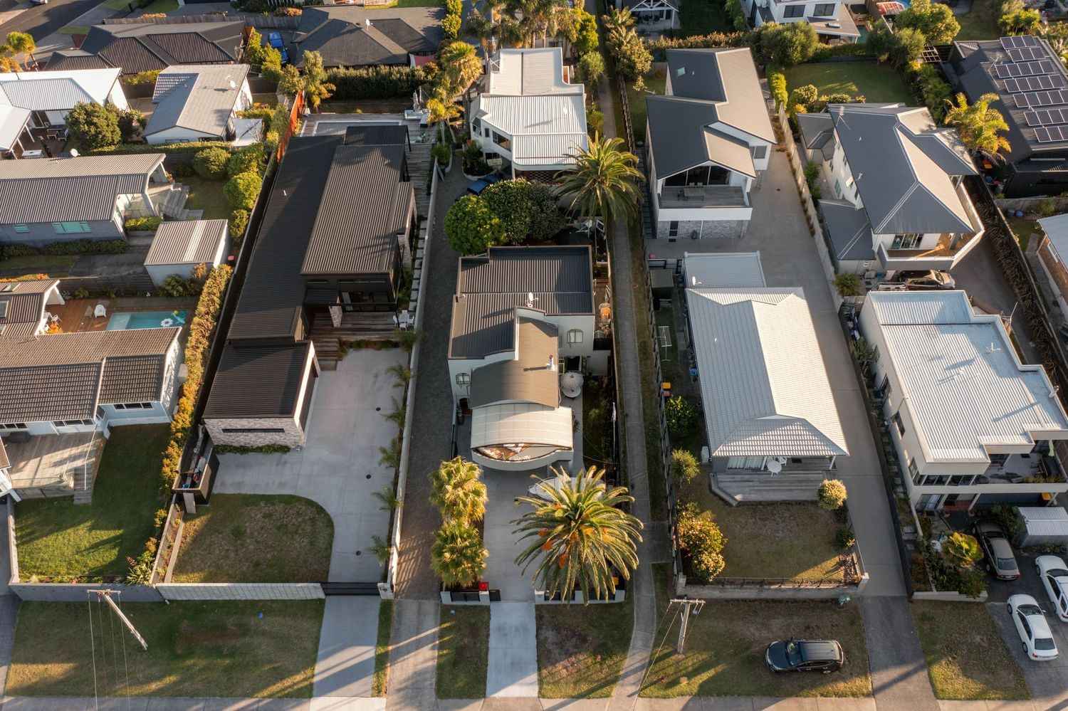 Aerial view of suburban neighborhood with palm trees and residential houses arranged in neat rows.