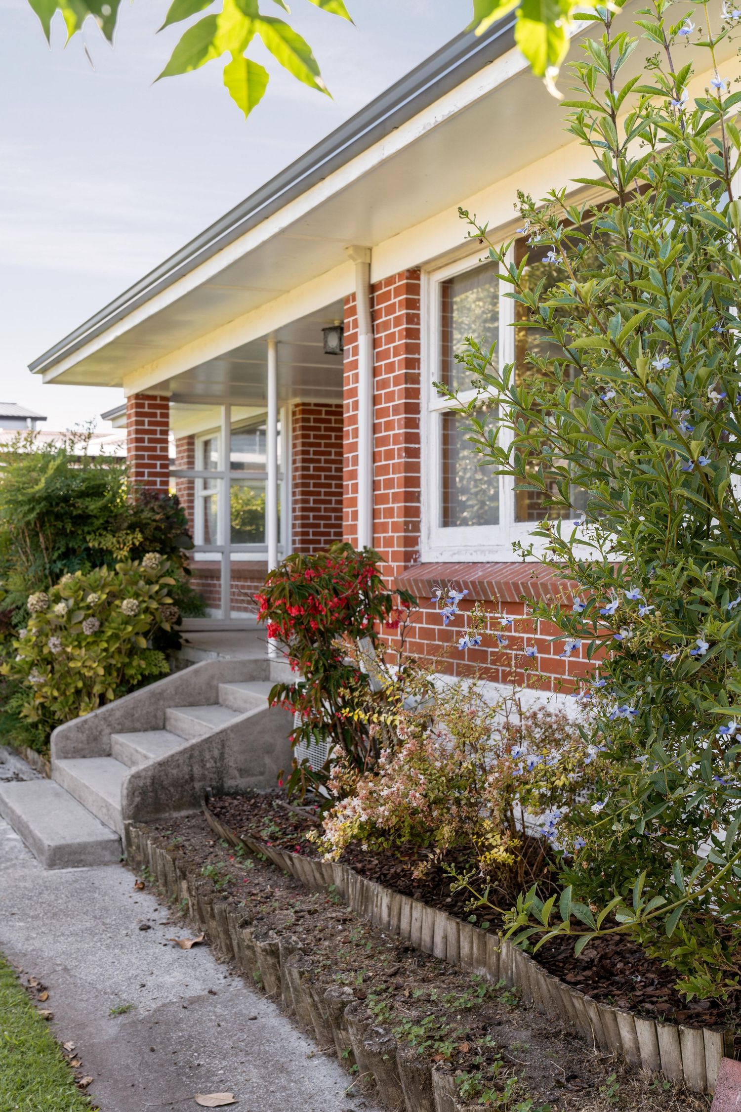 Brick house entrance with concrete steps and colorful garden beds featuring red flowers.