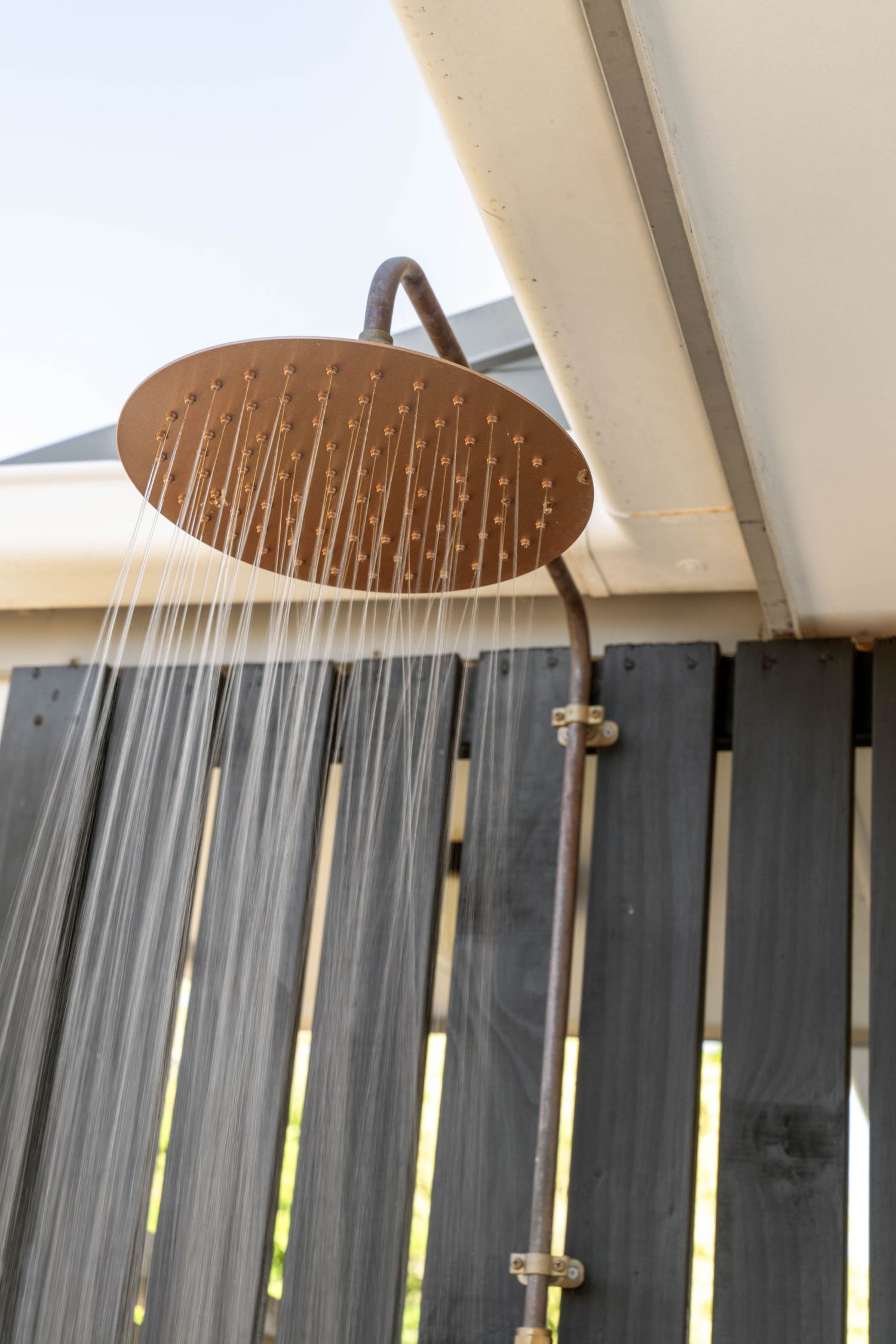 Bronze-colored rainfall showerhead mounted on a white ceiling against a dark wall with modern minimalist design.