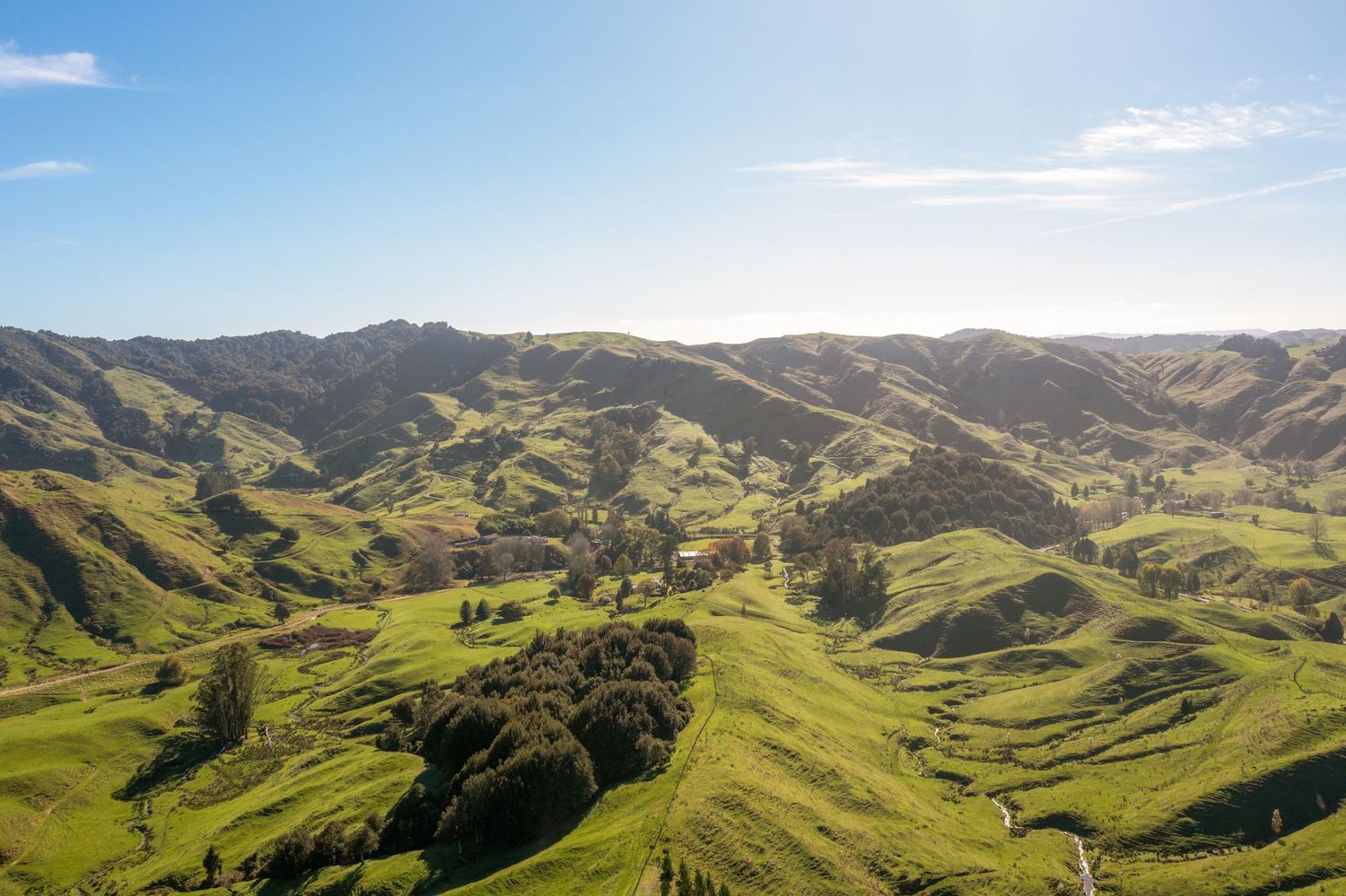 Rolling green hills and valleys stretch across a scenic New Zealand landscape under blue sky and scattered clouds.