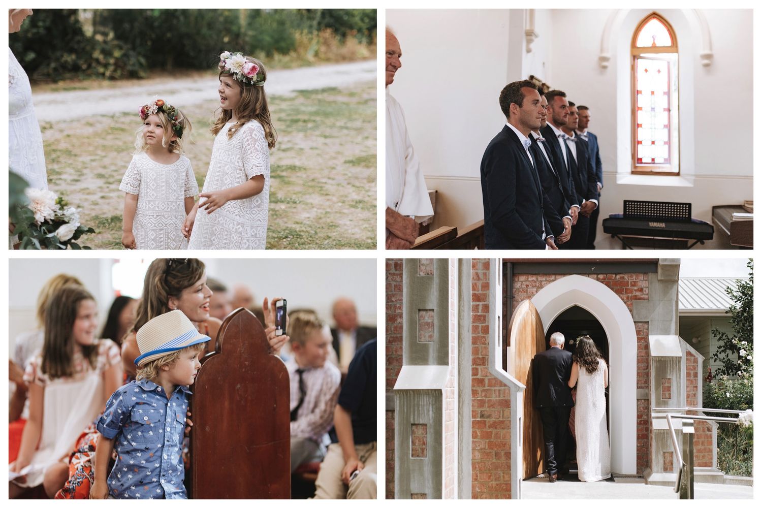 People in formal and casual wedding attire enjoying outdoor and indoor celebrations with intimate gatherings.