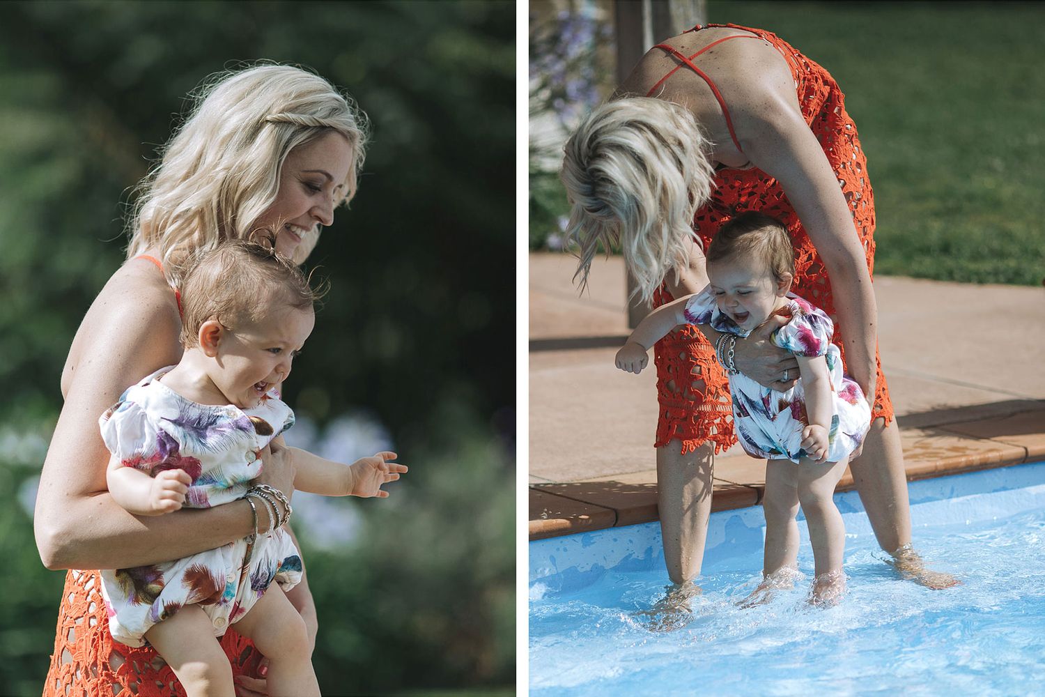 A series of images showing someone in an orange dress dipping a white dog in water.