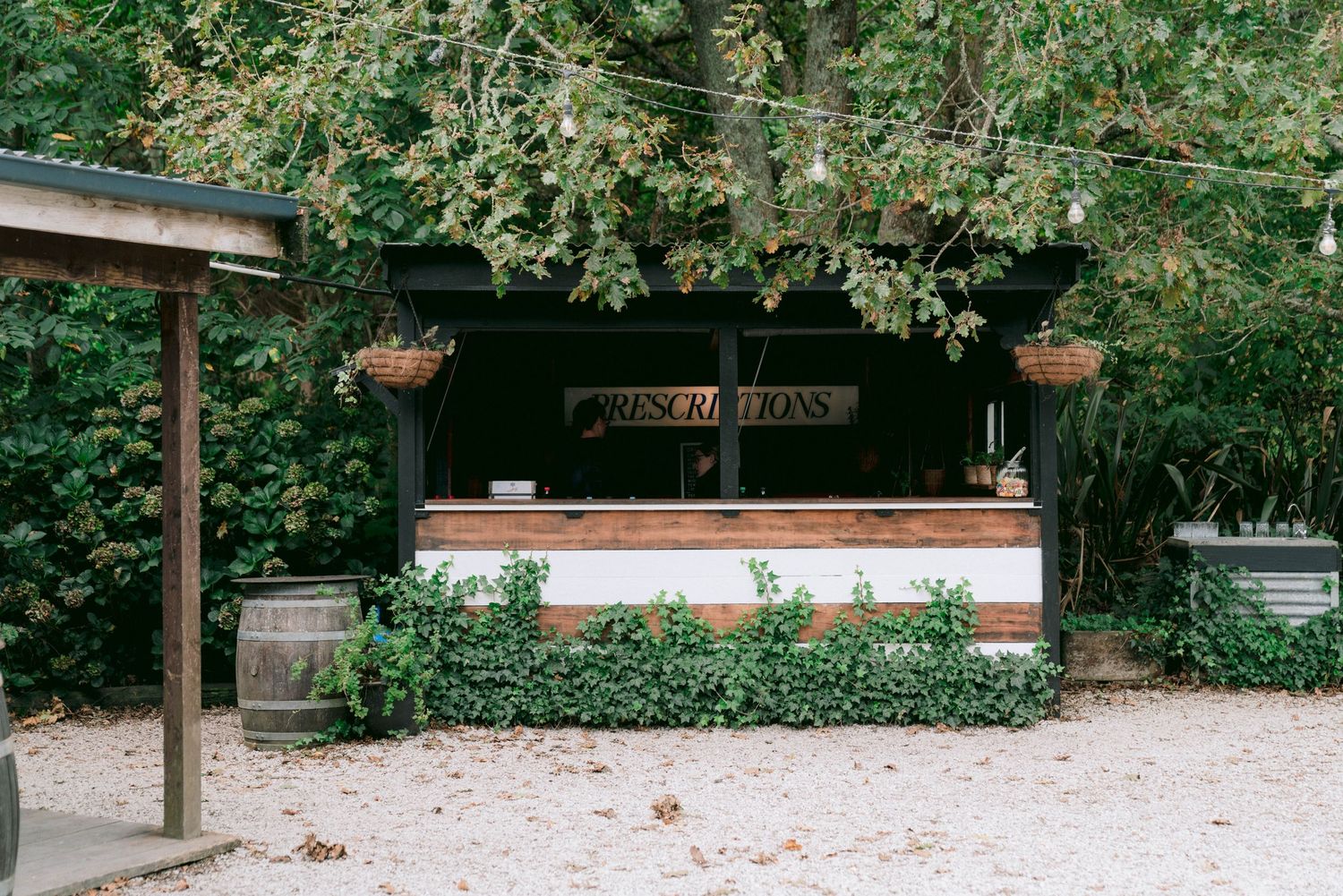 Outdoor bar setup with wooden counter and green foliage backdrop.